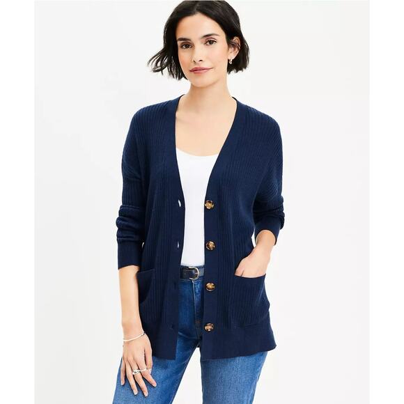 LOFT NWT Ribbed Relaxed V-Neck Pocket Navy Blue Open Cardigan // XS - Picture 1 of 8